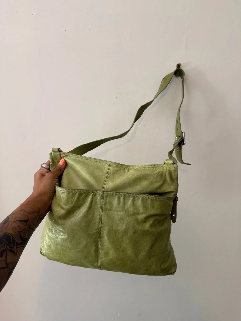 Y2K vintage HOBO Green Leather Crossbody with Front Zip Pocket